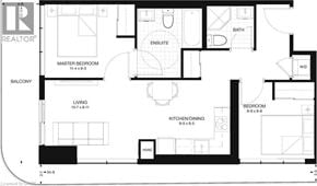 Kitchener condo for rent - A black and white floor plan of a house with a master bedroom, living room, kitchen/dining area, and bathroom.