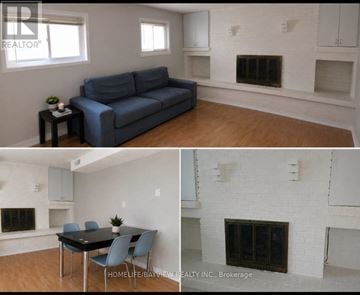 Toronto (Bathurst Manor) apartment for rent - A living room with a blue couch and a dining table with four chairs.
