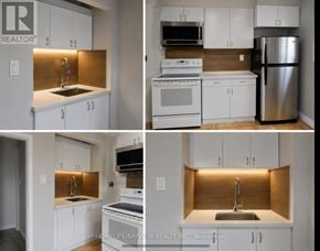 Toronto (Bathurst Manor) apartment for rent - A series of images showcasing a kitchen with white cabinets and a wooden backsplash.