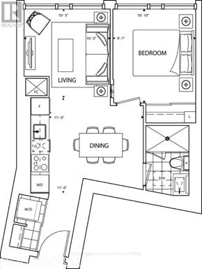 Toronto (Waterfront Communities) condo for rent - A floor plan of a house with a living room, dining room, and bedroom.
