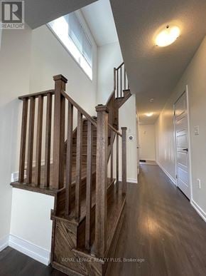 Hamilton (Stoney Creek Mountain) townhouse for rent - A wooden staircase with a skylight above it.