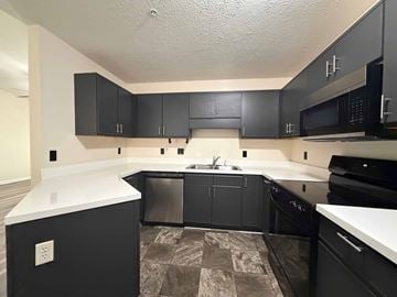 Fayetteville apartment for rent - A kitchen with black cabinets and appliances.