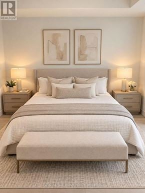 Toronto (Humber Heights) condo for rent - A bedroom with a large bed, two nightstands, and a bench.