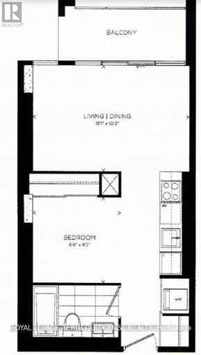 Toronto (Waterfront Communities) condo for rent - A black and white image of a floor plan for a balcony, living room, dining room, and bedroom.