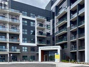 Oakville (Go Glenorchy) condo for rent - The image shows the exterior of a modern apartment building named 128 Grovewood Common.