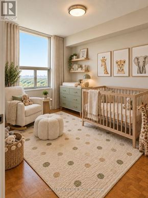 Toronto (Crescent Town) condo for rent - A baby room with a crib, a chair, a potted plant, and pictures on the wall.