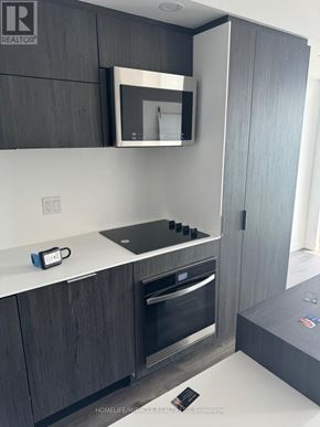 Burlington (Brant) condo for rent - A modern kitchen with dark wood cabinets and stainless steel appliances.