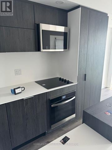 Burlington (Brant) condo for rent - A modern kitchen with dark wood cabinets and stainless steel appliances.