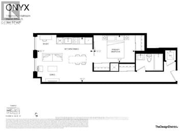 Hamilton (Beasley) condo for rent - A floor plan for a one bedroom, one bathroom apartment.