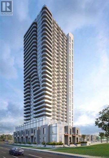 Mississauga (City Centre) condo for rent - A modern building with a curved design is depicted in the image.