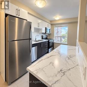 St. Catharines (Downtown) multi-family for rent - A kitchen with a marble counter top and stainless steel appliances.