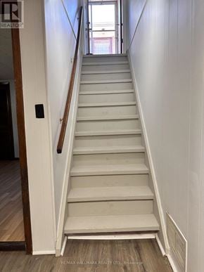 Richmond Hill (Crosby) apartment for rent - A staircase with a wooden handrail and white steps.