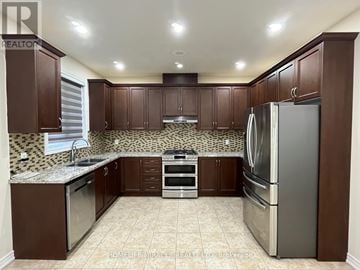 Brampton (Credit Valley) apartment for rent - A kitchen with brown cabinets and a tile backsplash.