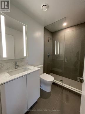 Toronto (South Parkdale) condo for rent - A bathroom with a sink, toilet, and shower.