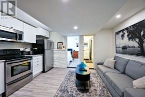 Toronto (South Riverdale) apartment for rent - A modern kitchen with a grey couch and a coffee table in the living room.