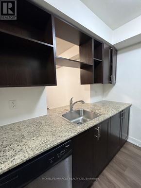 Toronto (Etobicoke West Mall) condo for rent - A kitchen with granite countertops and black cabinets.