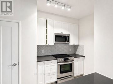 Toronto (Church-Yonge Corridor) condo for rent - A kitchen with white cabinets and a black countertop.