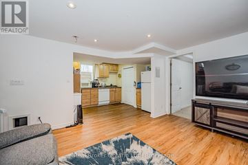 Guelph (Kortright West) apartment for rent - A living room with a grey couch and a wooden floor.