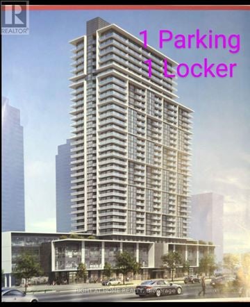 Toronto (Willowdale East) condo for rent - A tall building with a parking locker sign in front.