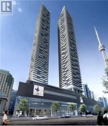 Toronto (Waterfront Communities) condo for rent - Two tall buildings are shown in the image with a sign that reads EXP REALTY, Brokerage.