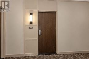 Mississauga (Clarkson) condo for rent - A brown door with a light on it and the number 209 on the wall above it.