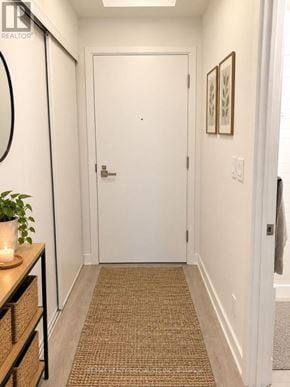Toronto (Niagara) condo for rent - A hallway with a door, a plant, and a framed picture on the wall.
