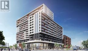 Markham (Unionville) condo for rent - A modern multi-story building with a glass entrance and a sign that reads "REALTOR".