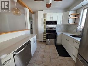 St. Catharines apartment for rent - A modern kitchen with white cabinets and stainless steel appliances.