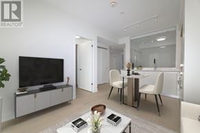 Toronto (Annex) condo for rent - A modern living room with a television, dining table, and chairs.