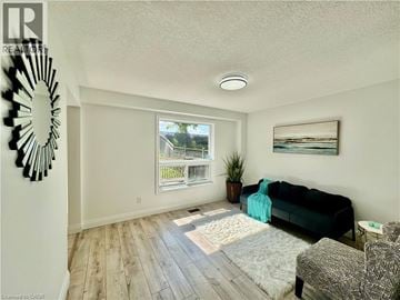 Cambridge apartment for rent - A living room with a black couch and a large window.