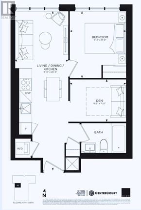 Toronto (Bay Street Corridor) condo for rent - A black and white image of a floor plan for a home with a living room, kitchen, bedroom, bathroom, and den.