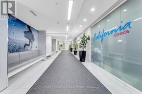 Toronto (Mimico) condo for rent - A hallway with a large poster on the wall and a plant on the side.
