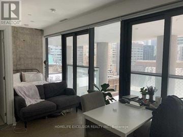Toronto (Waterfront Communities) condo for rent - A living room with a grey couch and a table with a plant on it.