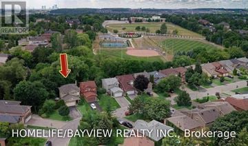 Richmond Hill (South Richvale) apartment for rent - An aerial view of a neighborhood with a red arrow pointing to a specific house.