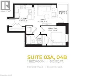 Kitchener condo for rent - A floor plan for a suite with one bedroom and a balcony.