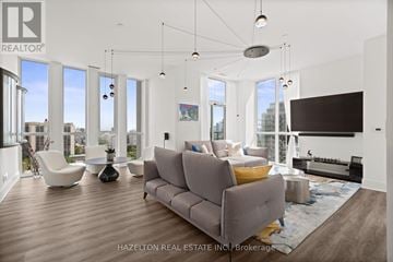 Toronto (Humewood-Cedarvale) condo for rent - A modern living room with a grey sofa and a television.