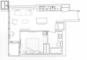 Toronto (Annex) condo for rent - A floor plan of a house with a kitchen, living room, and bathrooms.