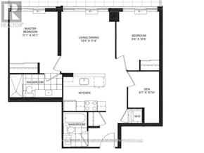 Toronto (Niagara) condo for rent - A black and white floor plan of a house with a master bedroom, living/dining area, kitchen, and two washrooms.