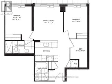 Toronto (Niagara) condo for rent - A black and white floor plan of a house with a master bedroom, living/dining area, kitchen, and two washrooms.