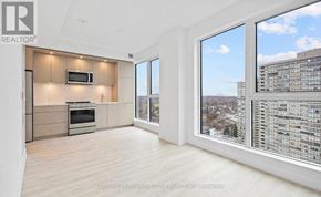 Toronto (Islington-City Centre West) condo for rent - A spacious living room with a television and a large window overlooking a cityscape.