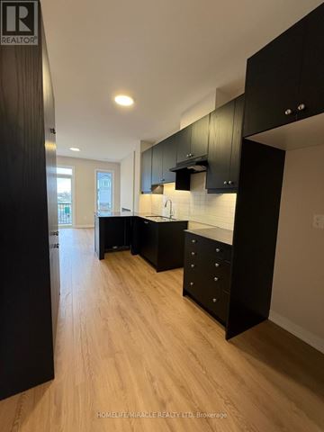 Ottawa townhouse for rent - A modern kitchen with black cabinets and a wooden floor.