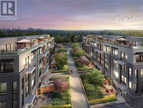 Toronto (Briar Hill-Belgravia) townhouse for rent - A rendering of a modern apartment complex with balconies and landscaped courtyards.
