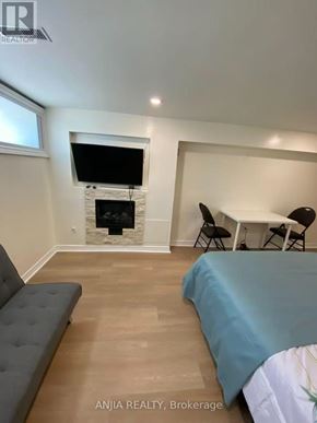 Toronto (Willowdale West) apartment for rent - A living room with a grey couch, a fireplace, and a television.