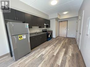 London South (South J) condo for rent - A kitchen with a refrigerator, cabinets, and a countertop is shown.