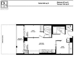 Toronto (Moss Park) condo for rent - A floor plan for a suite that is 646 square feet with a balcony and terrace.
