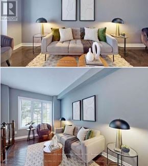 Markham (Cornell) townhouse for rent - Two images of a living room with a couch, lamp, and pictures on the wall.