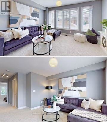 Markham (Cornell) townhouse for rent - A living room with a grey couch and a coffee table.