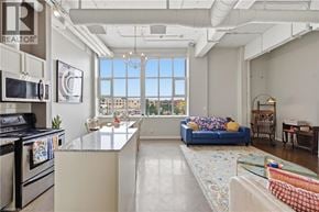 Kitchener condo for rent - A well-lit kitchen with a view of the cityscape outside the window.
