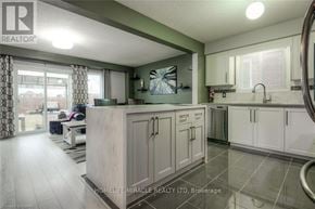 Kitchener apartment for rent - A kitchen with white cabinets and a large island.