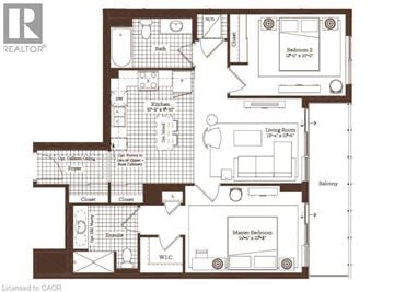 Guelph condo for rent - A floor plan of a house with a living room, two bedrooms, a kitchen, and a bathroom.